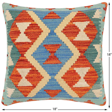 handmade Traditional Pillow Rust Blue Hand-Woven SQUARE 100% WOOL Hand woven turkish pillow2' x 2'